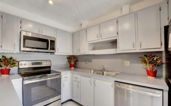 a kitchen with appliances a sink and cabinets