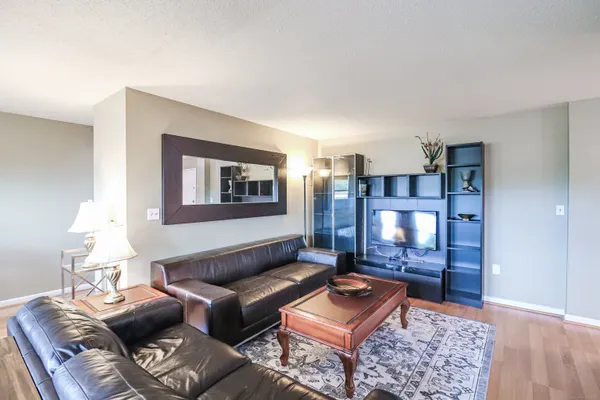 a living room with furniture and a rug