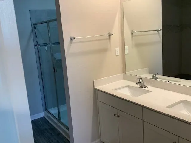 a bathroom with a sink and a mirror