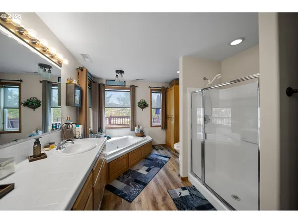 a bathroom with a double vanity sink a mirror and a shower