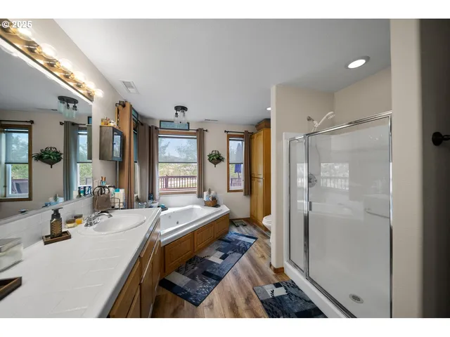 a bathroom with a double vanity sink a mirror and a shower