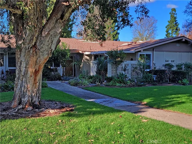 a view of a garden with potted plants and large trees