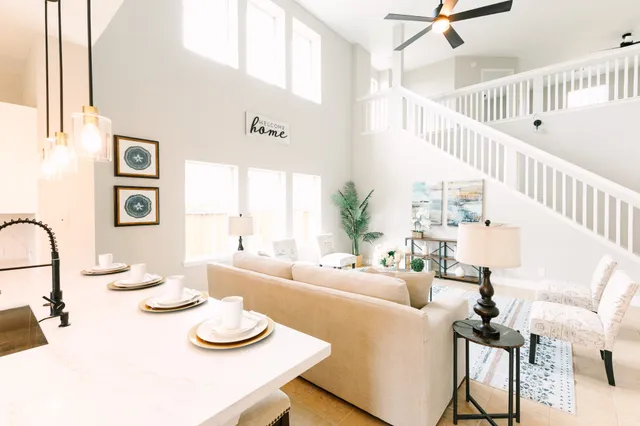 a living room with furniture and a potted plant