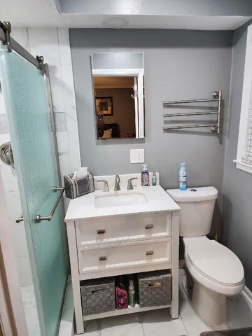 a bathroom with a sink a toilet and mirror
