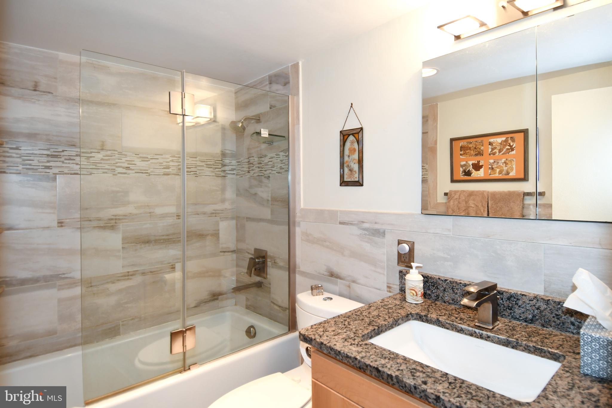 1435 4th Street Southwest, Unit B108 Washington, DC 20024 - Photo 27 of 57 a bathroom with a granite countertop sink a mirror a bathtub and shower
