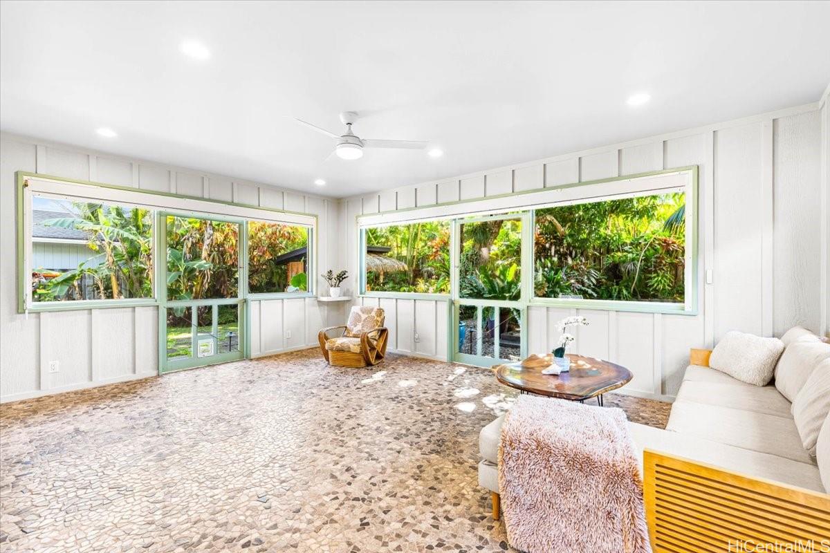 465 Kawailoa Road, Unit C Kailua, HI 96734 - Photo 13 of 25 Large 2nd family living/dining/ family area surrounded by gardens! Screened windows have roll down blinds