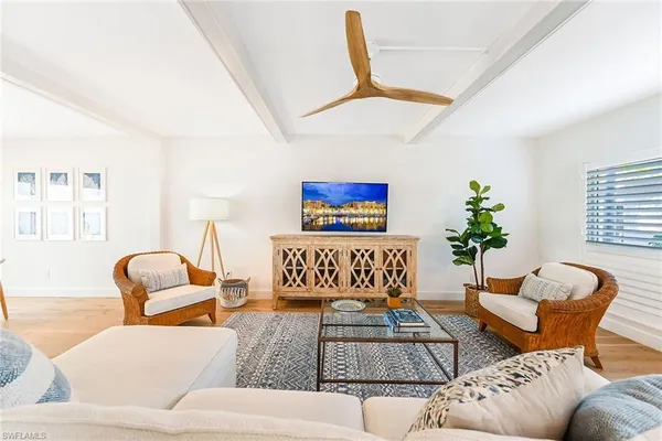 a living room with furniture and a potted plant