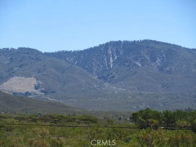 a view of a dry field with mountains in the background