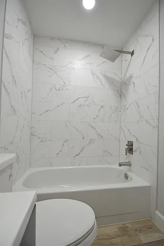 a bathroom with a toilet and a bathtub
