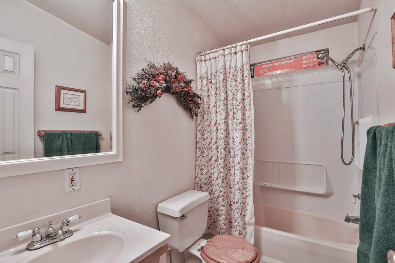 7277 Red Ant Road Somerset, CA 95684 - Photo 23 of 42 a bathroom with a shower curtain a sink and a mirror