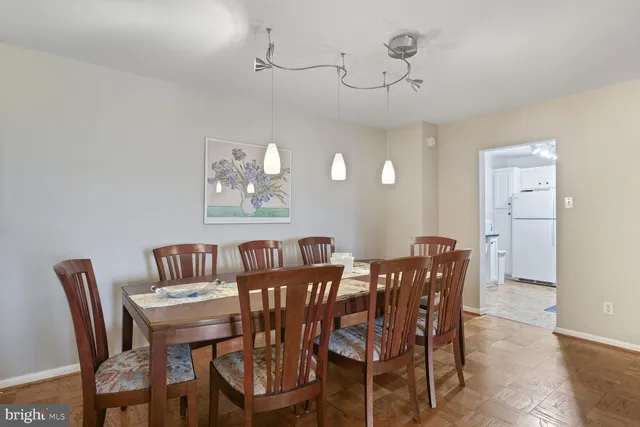 a view of a dining room with furniture