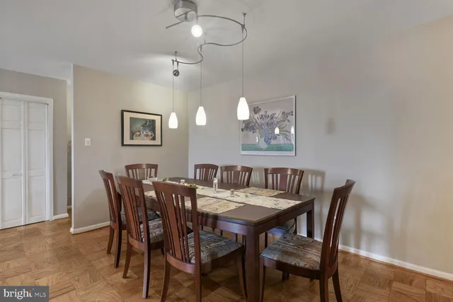 a view of a dining room with furniture