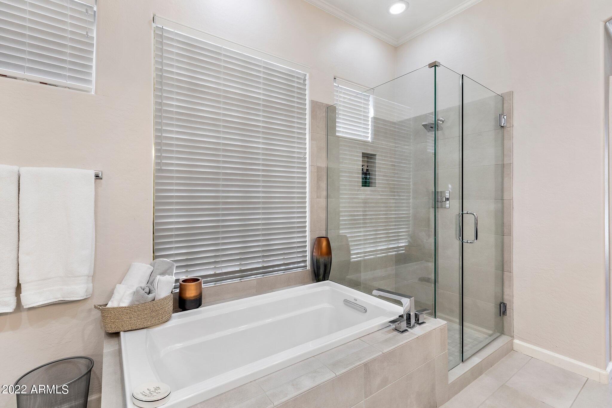 8184 East Beardsley Road Scottsdale, AZ 85255 - Photo 18 of 39 a bathroom with a tub a potted plant and a shower