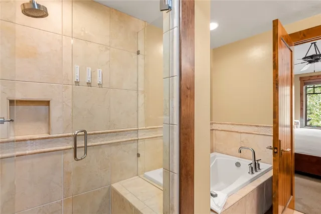 a bathroom with a tub and a shower