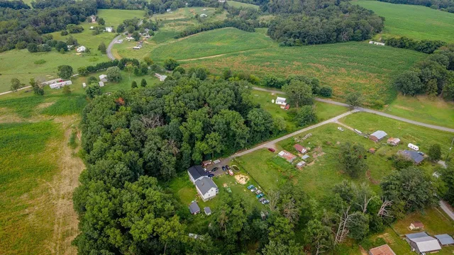 an aerial view of residential houses with outdoor space and trees
