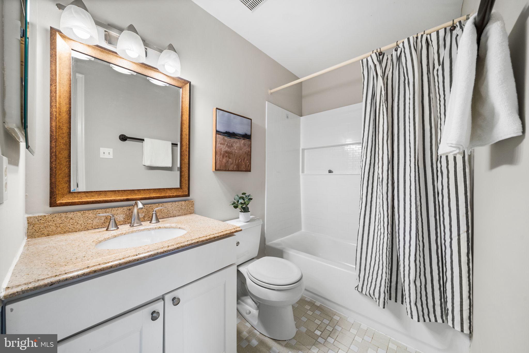 4931 7th Road South, Unit 4931 Arlington, VA 22204 - Photo 17 of 25 a bathroom with a granite countertop sink toilet a mirror and shower