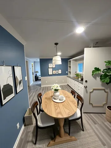 a view of a dining room with furniture