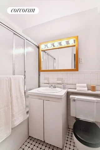 a bathroom with a sink a toilet and mirror
