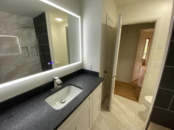 a bathroom with a granite countertop sink a mirror and a shower
