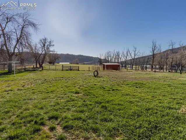 a large green field with lots of trees in the background