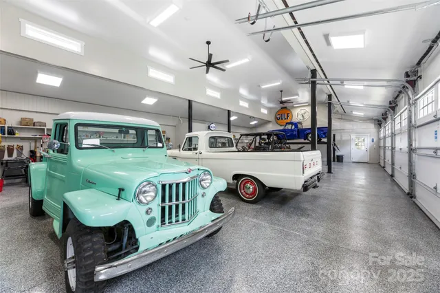 a view of a car garage with furniture