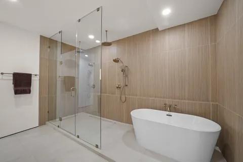 a bathroom with a bathtub and a shower