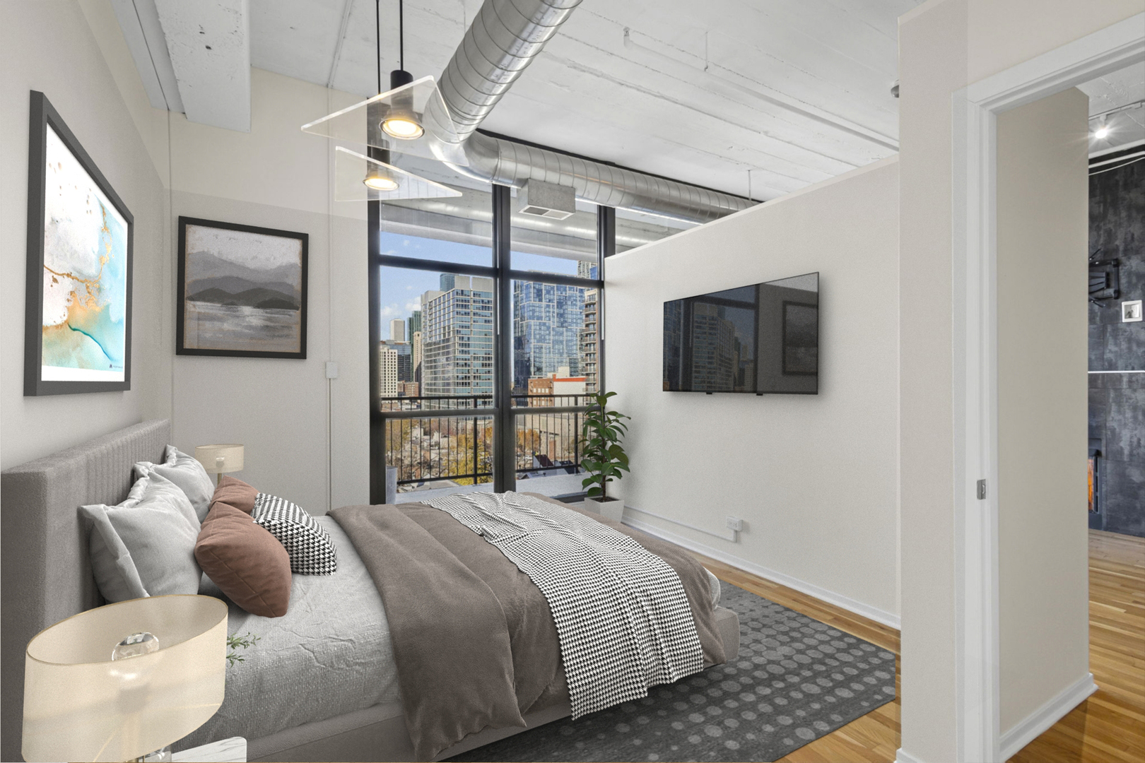 1530 South State Street, Unit 706 Chicago, IL 60605 - Photo 13 of 24 a bedroom with a bed window and flat screen tv