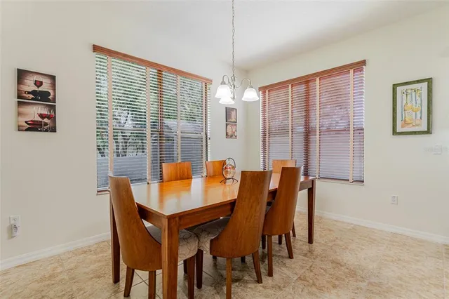 a view of a dining room with furniture and window