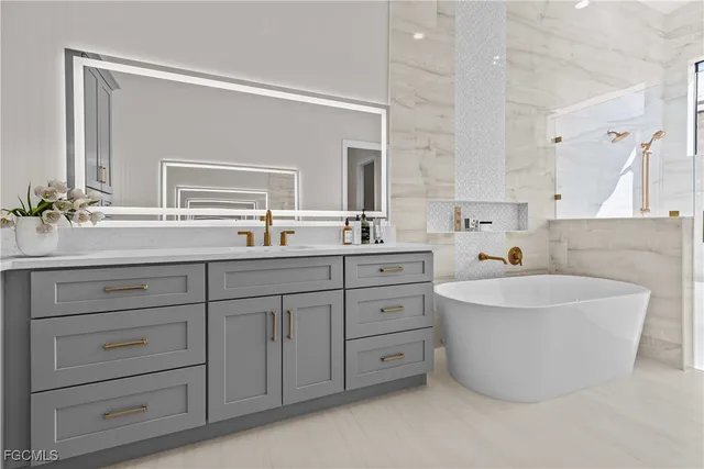 a bathroom with a bathtub sink and mirror