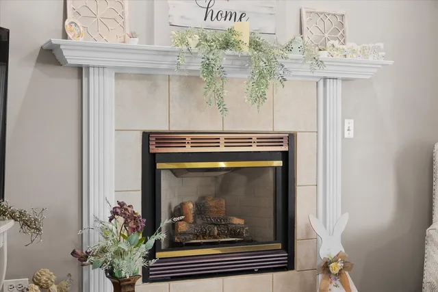 a view of fireplace with wooden floor