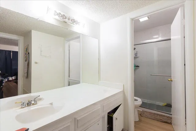 a bathroom with a sink a toilet and shower