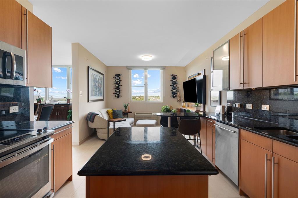 1 Palma Real Avenue, Unit 2 A6 Guaynabo, PR 00969 - Photo 14 of 49 a kitchen with kitchen island granite countertop a sink dishwasher stove and white cabinets with wooden floor