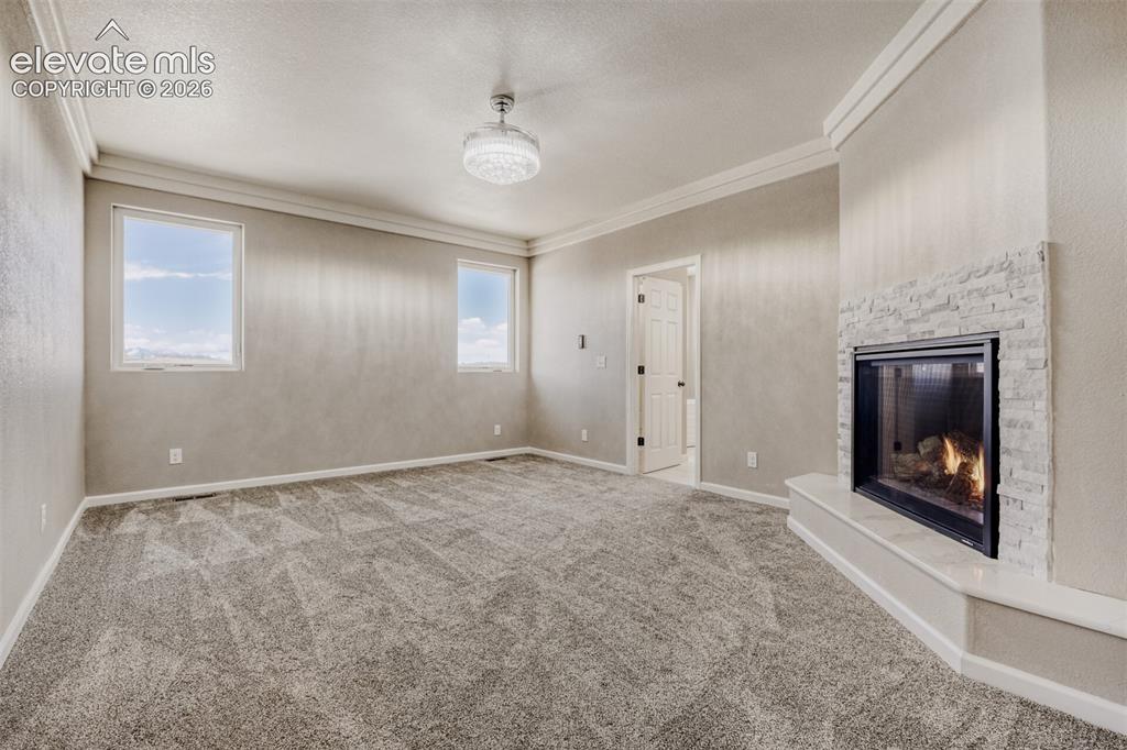 13680 Woodlake Road Elbert, CO 80106 - Photo 19 of 46 Primary Bedroom with fireplace, massive closet, lux 5-piece bath
