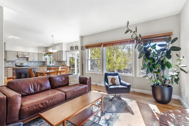 a living room with furniture potted plant and a large window