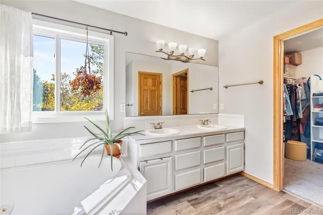 a bathroom with a tub sink and mirror