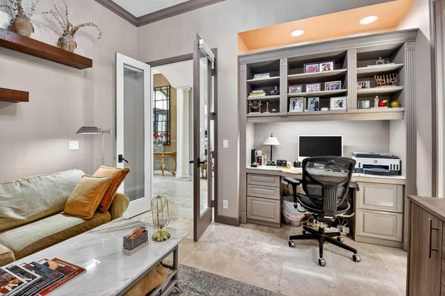 an aerial view of a house with a garden