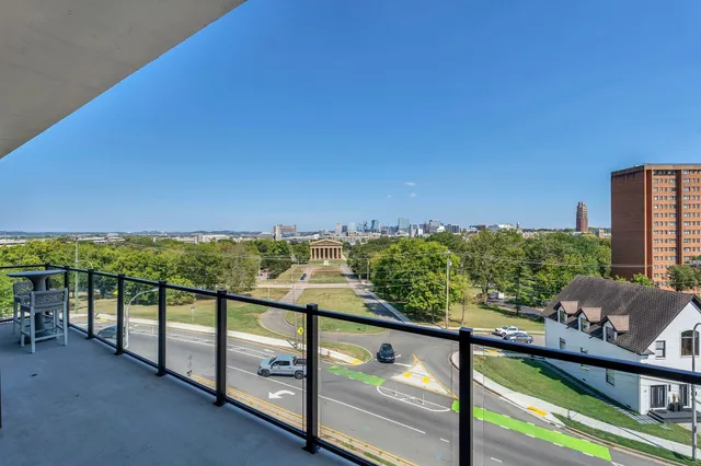 a living room with couches a fireplace and a potted plant