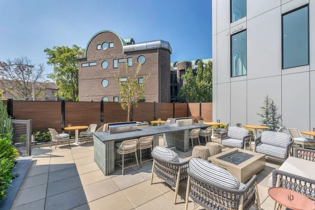 front view of a building with a street