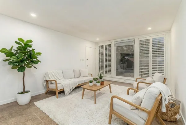 a living room with furniture and a potted plant