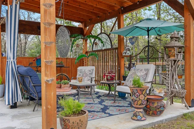 an outdoor space with furniture