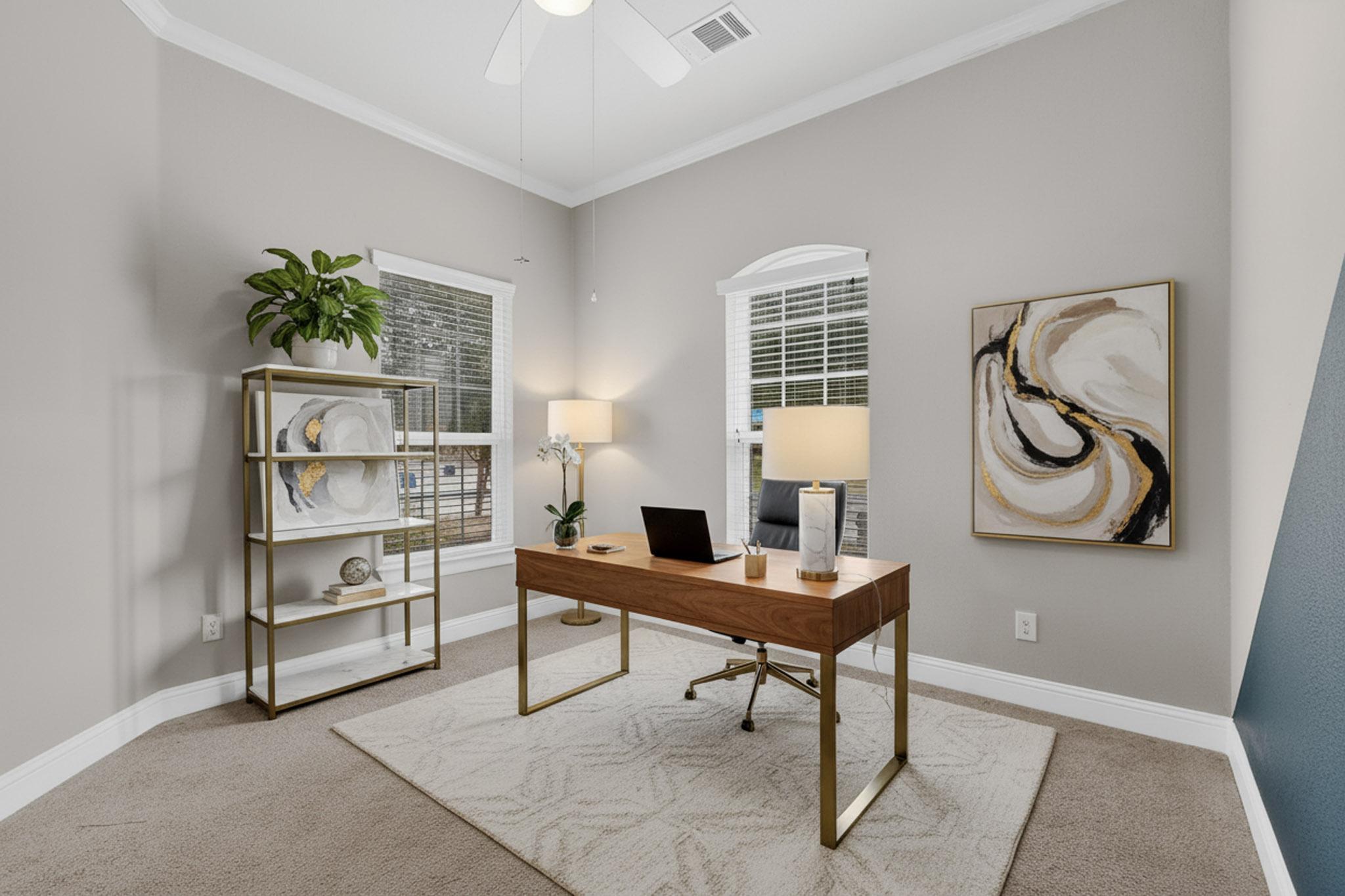 3137 Catalina Ranch Road Leander, TX 78641 - Photo 20 of 21 Home office with crown molding, light colored carpet, plenty of natural light, and a ceiling fan