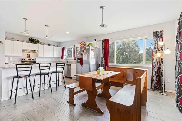 a view of a dining room with furniture window and outside view