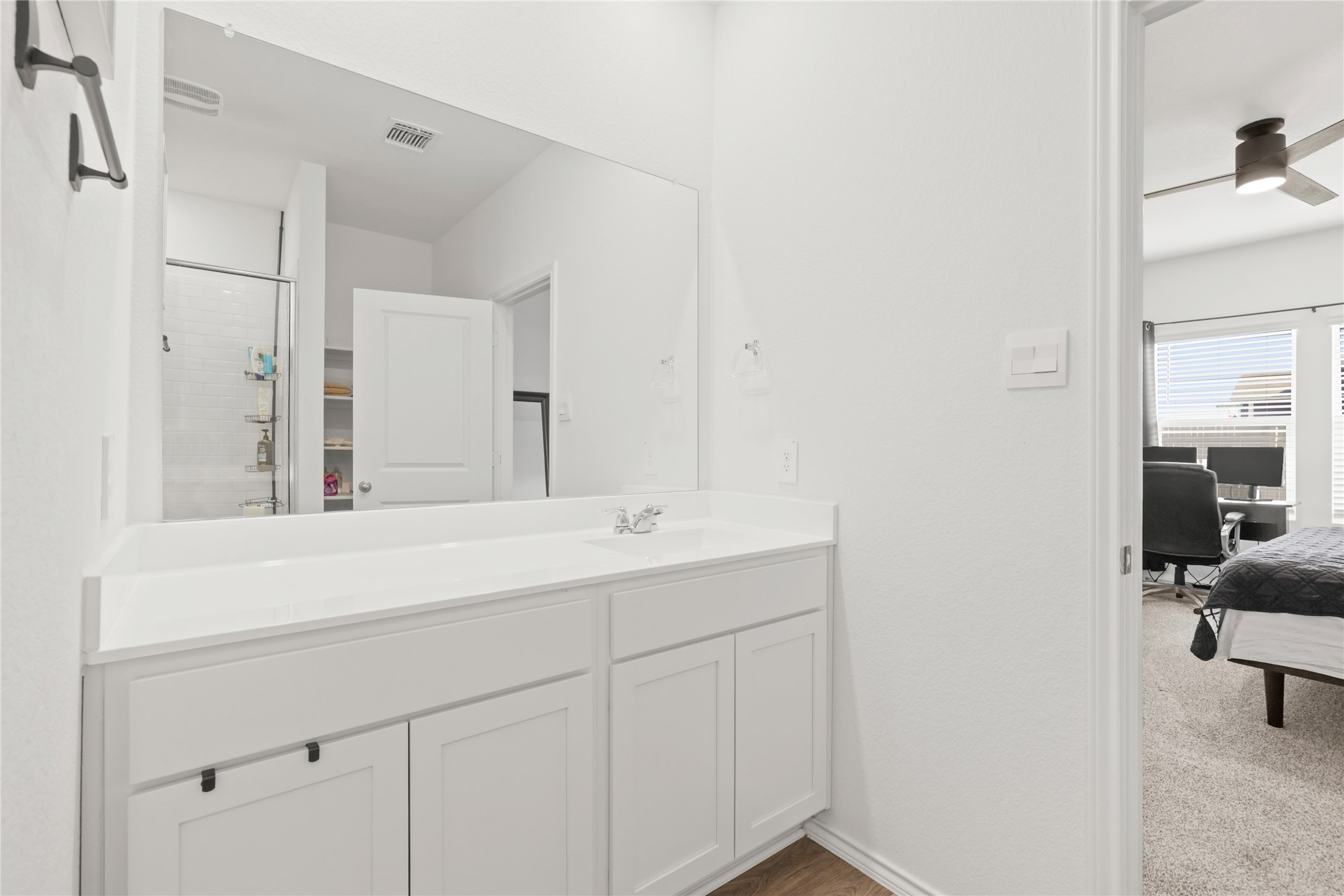790 Arnold Loop Kyle, TX 78640 - Photo 17 of 36 Spa-like serenity! This primary ensuite features a crisp, all-white double vanity with a mirror and a sleek glass-enclosed walk-in shower, creating the perfect atmosphere for your morning routine.
