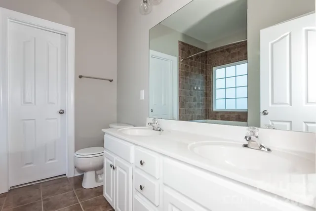a bathroom with a double vanity sink toilet and a mirror