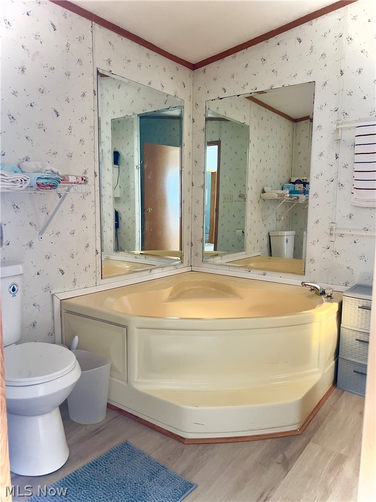 3585 Austin Road, Unit 9 Geneva, OH 44041 - Photo 18 of 18 Corner soaking tub with a stepped base, chrome fixtures, and surrounding wall-mounted mirrors