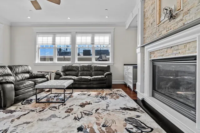 a living room with furniture or couch and a fireplace