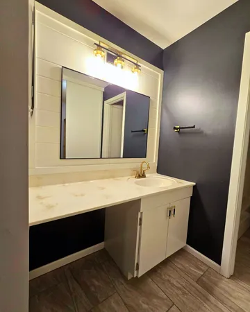 a bathroom with a sink and a mirror