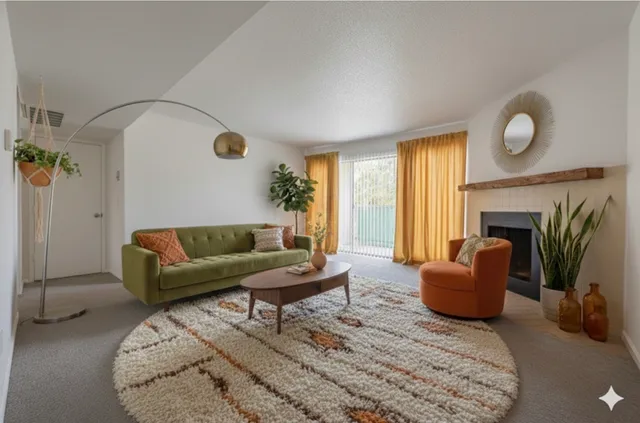 a living room with furniture and a fireplace