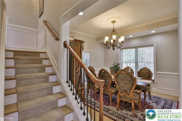 a view of a dining room with furniture