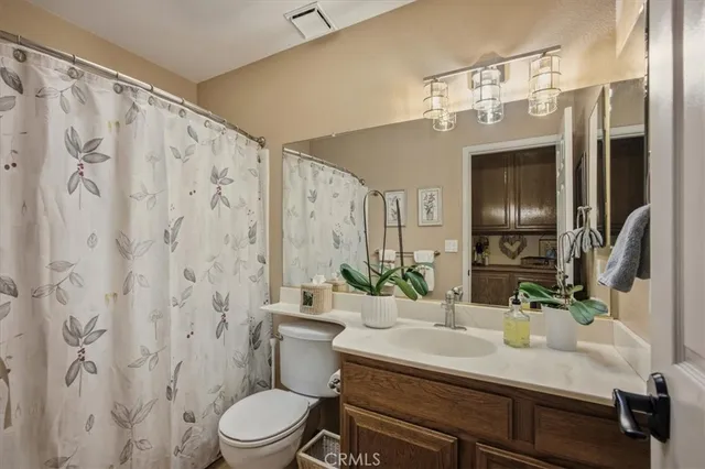 a bathroom with a sink a toilet a mirror and shower curtain